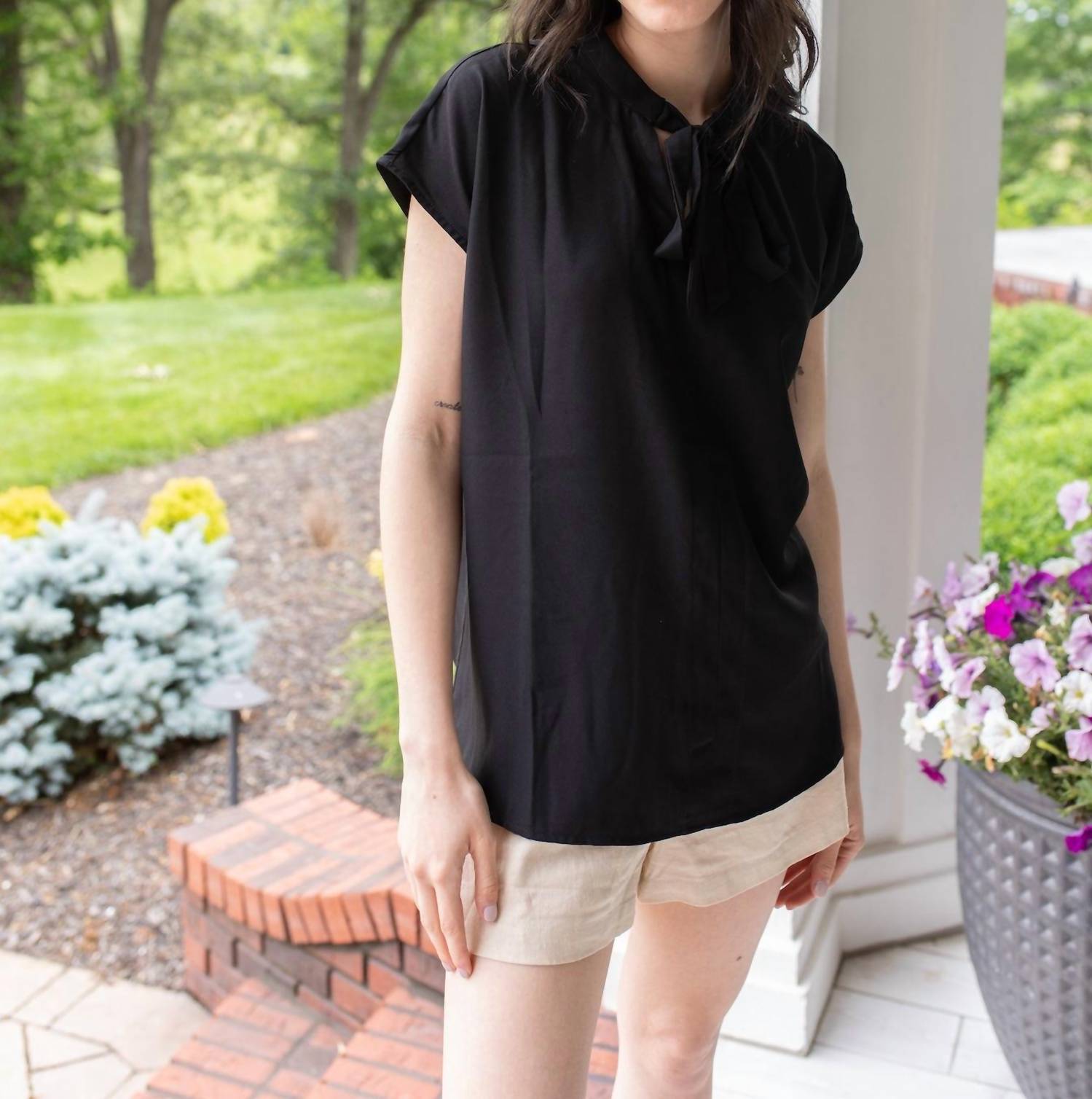 Doe and Rae Midnight Charm Tie Neck Blouse in black - women's blouse