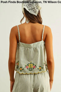 Miou Muse - Women's Floral Embroidery With Striped Top