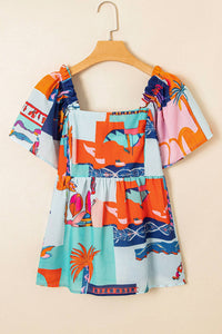 Lovesoft - Tropical Printed Square Neck Babydoll Blouse