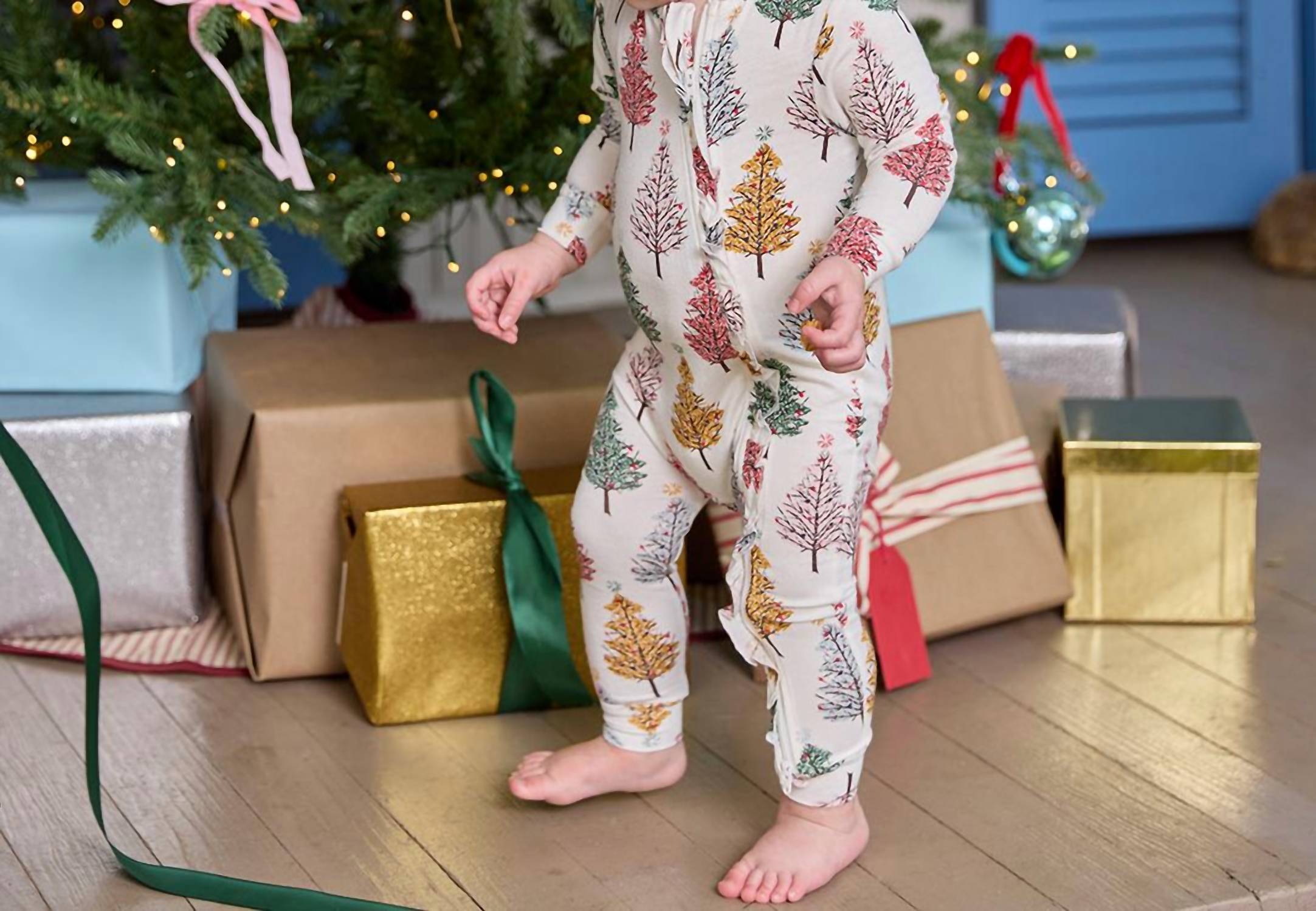 PINK CHICKEN Baby Ruffle Bamboo Romper in multi christmas trees - kids' item