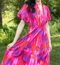 Peach Love Bright Floral Delight Tiered Dress in pink purple - women's dress - detail view