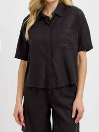 RISEN Half Sleeve Oversize Linen Shirt in black - women's shirt