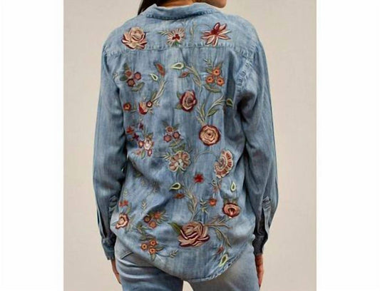 Caite & Kyla - Women's Denim Button-up Shirt With Embroidered Floral Back
