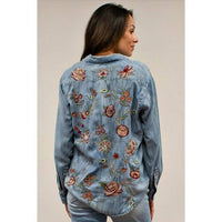 Caite & Kyla - Women's Denim Button-up Shirt With Embroidered Floral Back