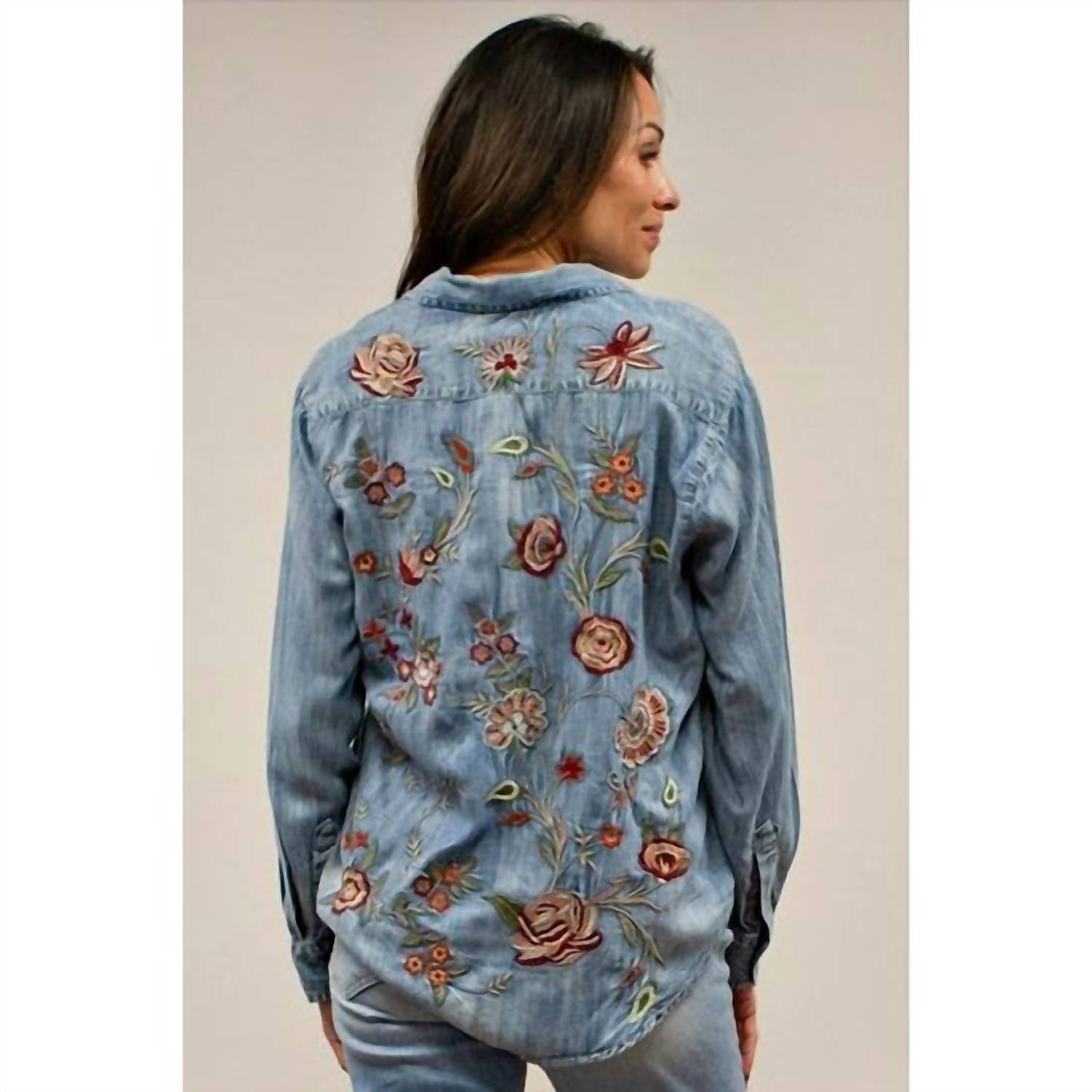 Caite & Kyla - Women's Denim Button-up Shirt With Embroidered Floral Back
