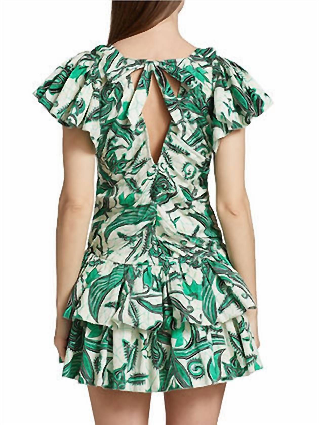 LOVE THE LABEL Minette Mini Dress in emerald print - women's dress - detail view