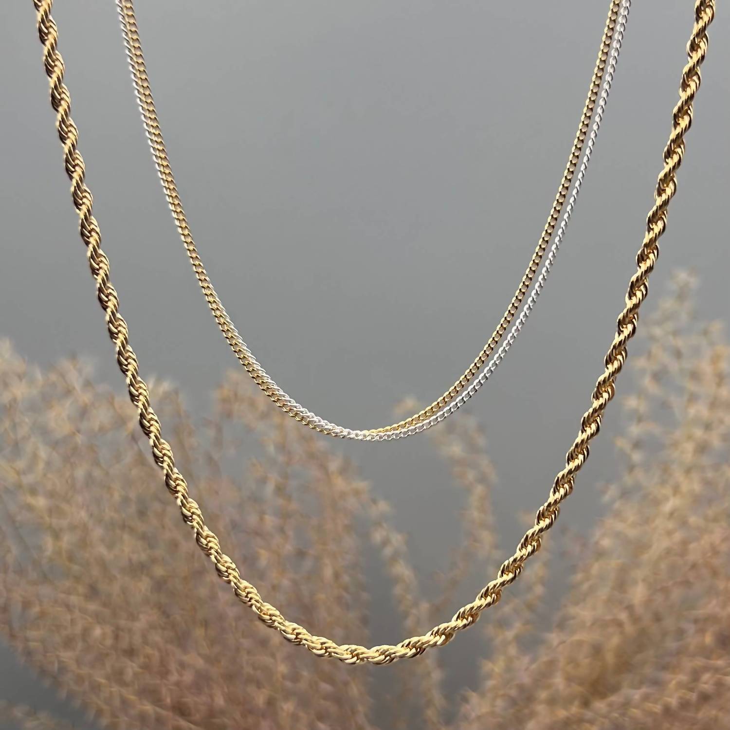 Something Silver - Women's Two Tone Tiny Curb Double Strand Necklace