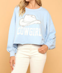 Peach Love Cowgirl Cropped Rhinestone Sweatshirt in baby blue - women's shirt