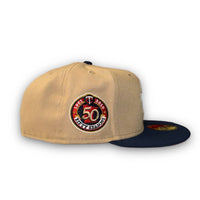 New Era Men's Minnesota Twins 50th Anniversary Fitted Hat in camal navy visor red - men's hat - detail view