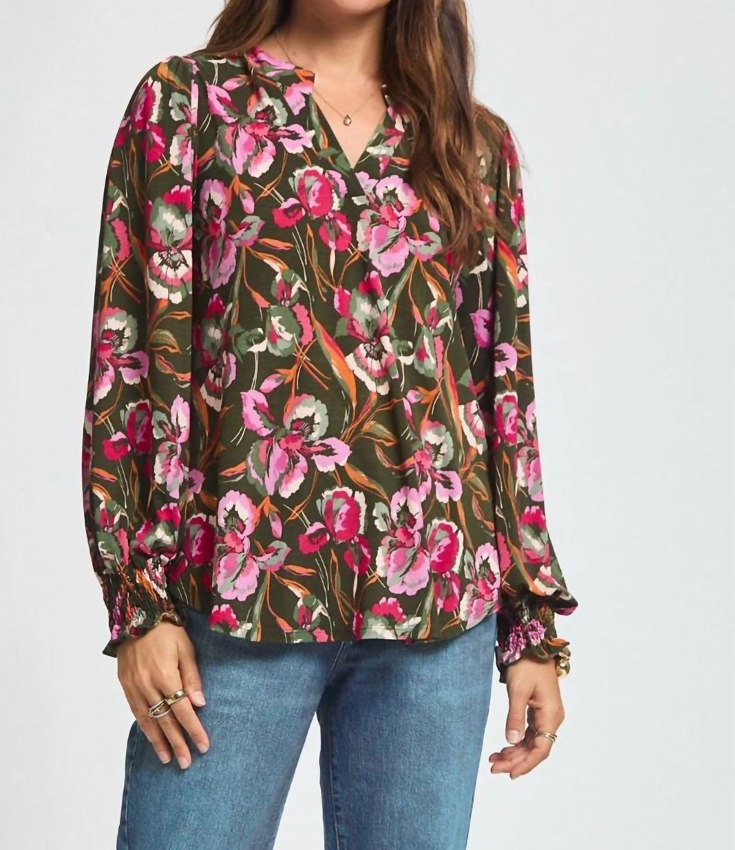 Dear Scarlett Smocked Sleeve Floral Top in multi - women's long sleeve top - detail view