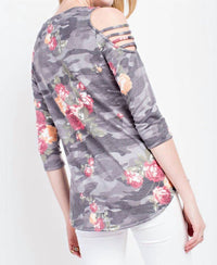 12Pm By Mon Ami - Floral Cold Shoulder 3/4 Sleeve Top