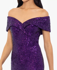 Xscape Off-the-shoulder Side-slit Sequin Gown in purple - women's dress - view 4