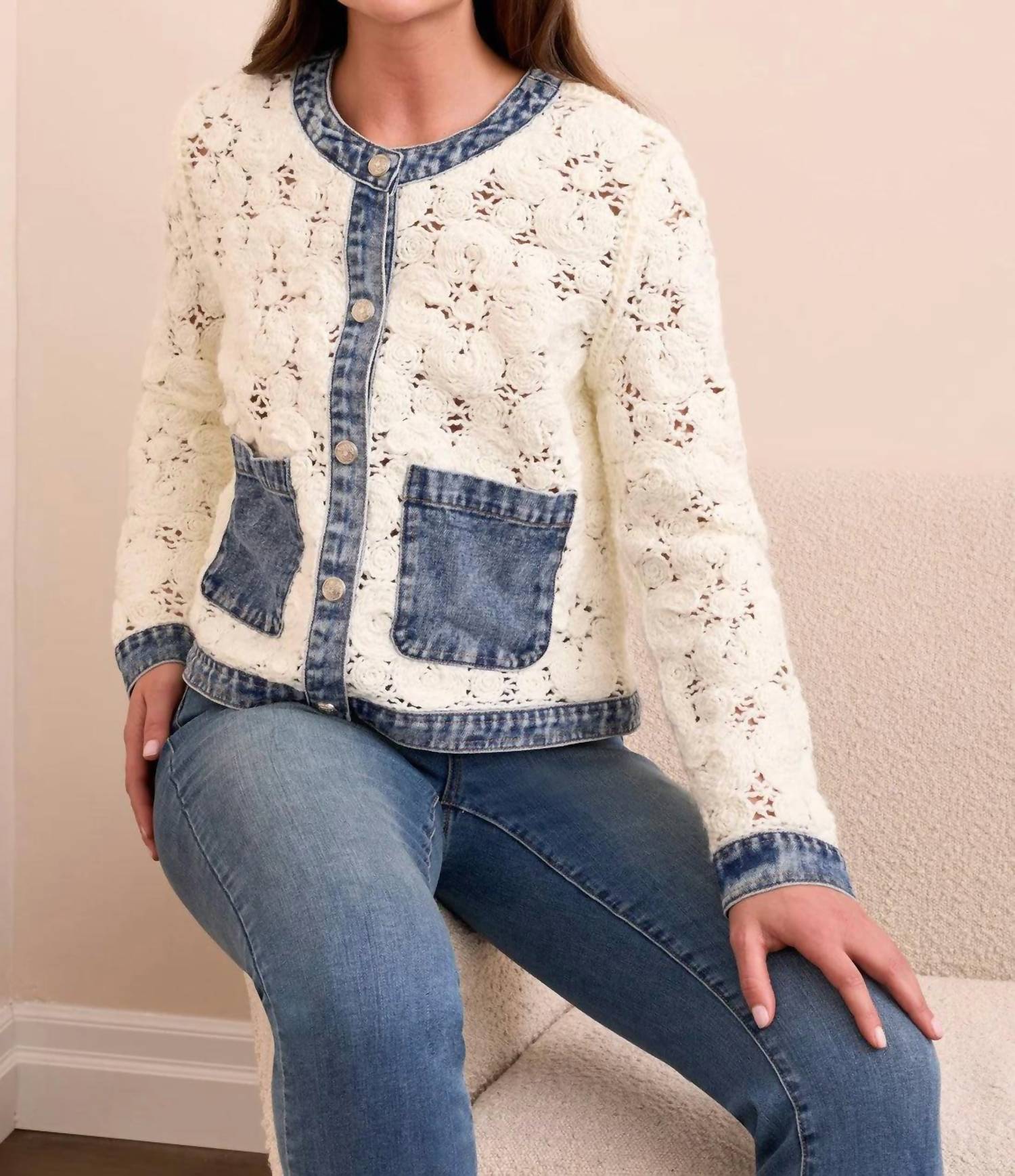 TRIBAL Maven Mixed Media Crochet Jacket in eggshell - women's jacket - alternate view