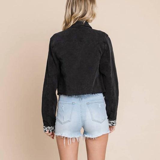 Pretty Bash - Denim Paneled Leopard Print Ripped Jacket