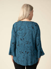 Papillon Women's Floral Crinkle Button Top in teal - women's blouse - detail view