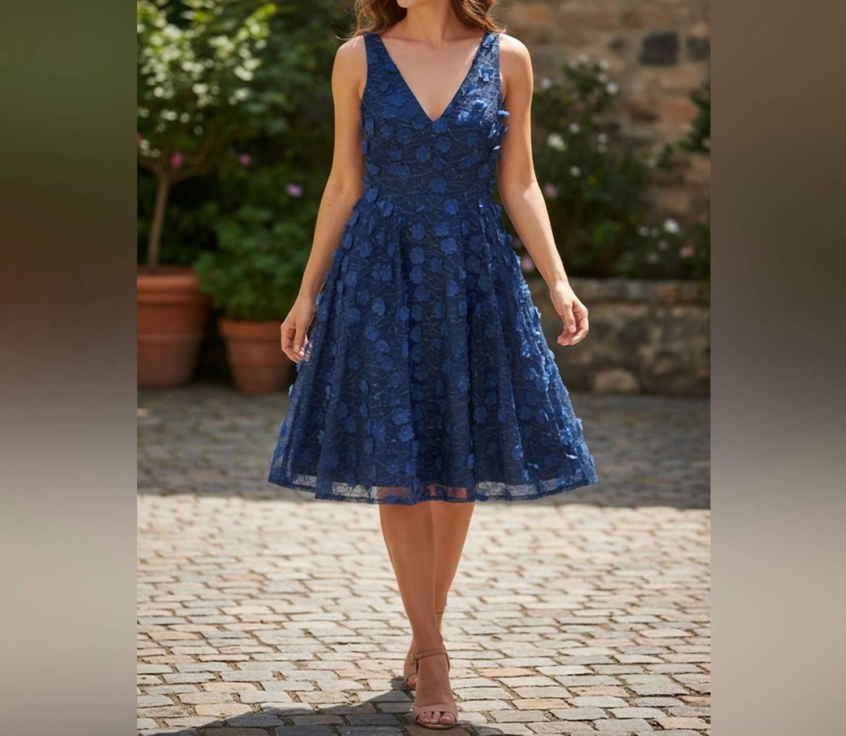 Eliza J Floral Lace Midi Dress in navy - women's dress