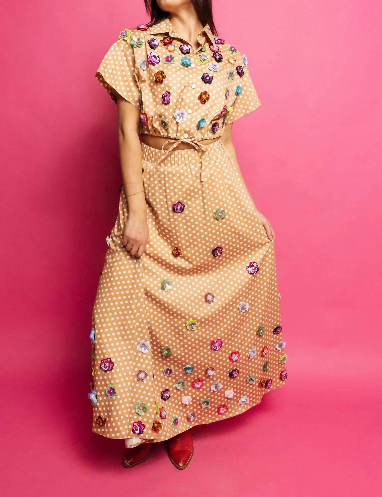 Queen Of Sparkles - Polka Dot Sequin Flower Cotton Button Up Top