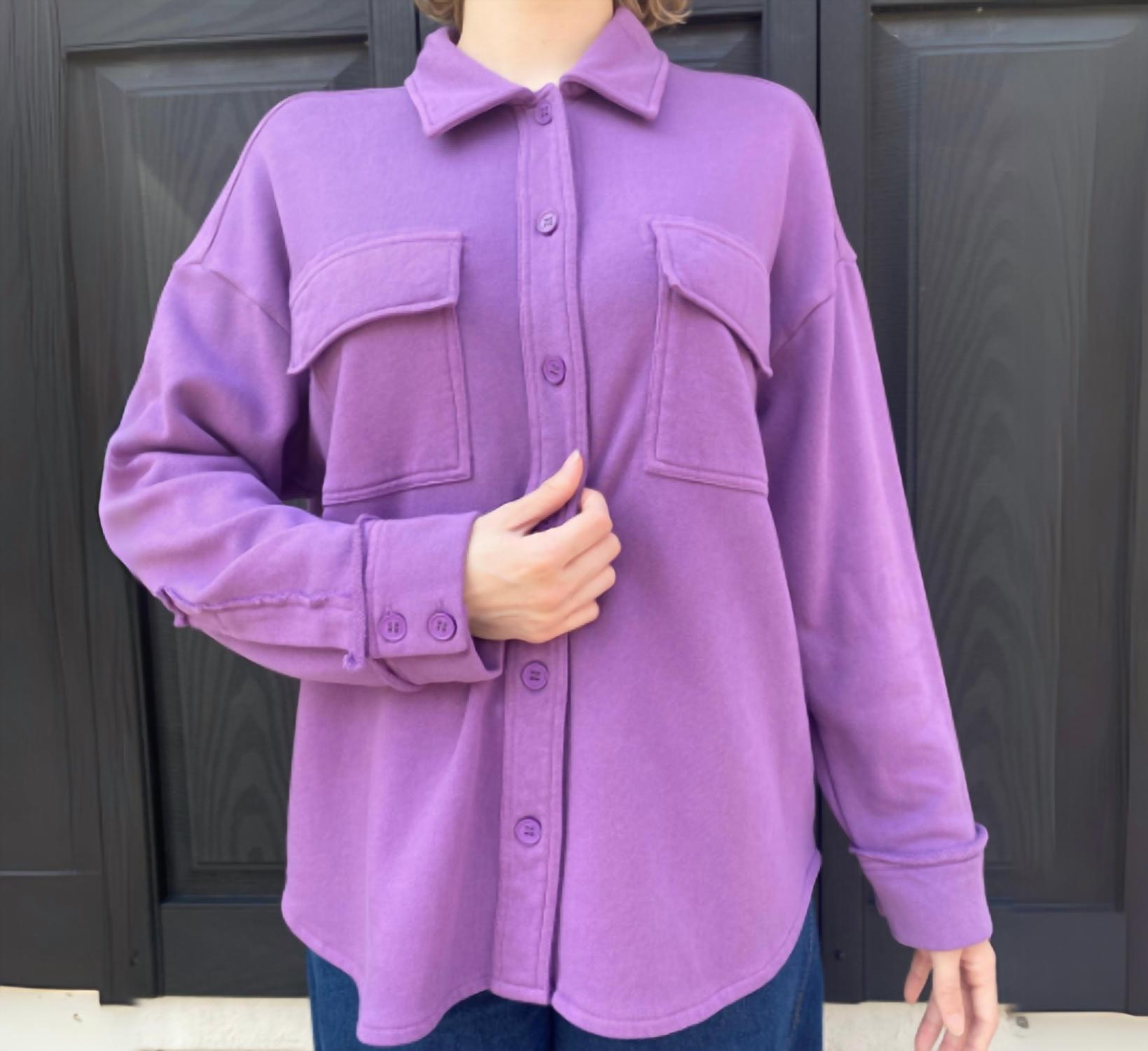 REPEAT cashmere Fleece Button Front Shacket in violet - women's shirt