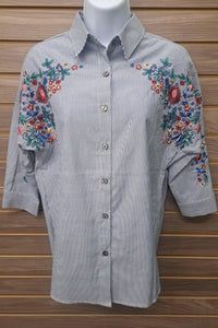 Nylon Apparel - Women's Embroidered Striped Button Up Blouse