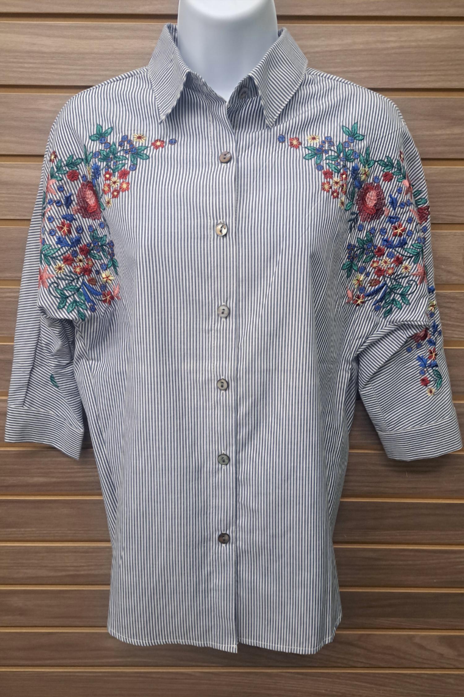 Nylon Apparel - Women's Embroidered Striped Button Up Blouse