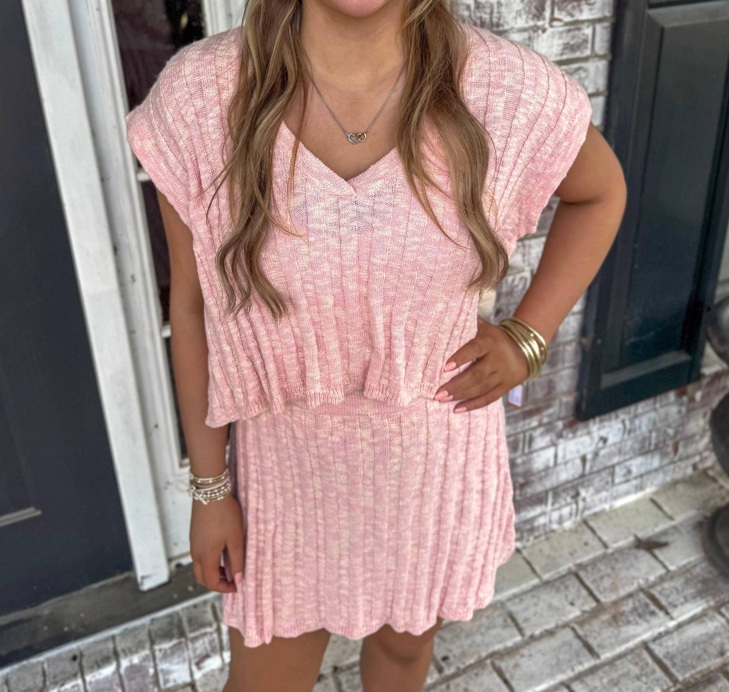 day + moon Cap Sleeve V-neck Sweater Skirt Set in baby pink - women's skirt - view 6
