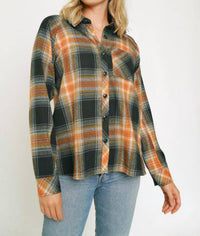 mystree Washed Flannel Shirt in black - women's long sleeve top - detail view