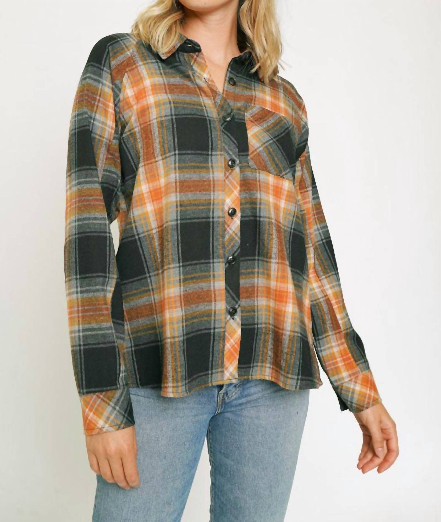 mystree Washed Flannel Shirt in black - women's long sleeve top - detail view