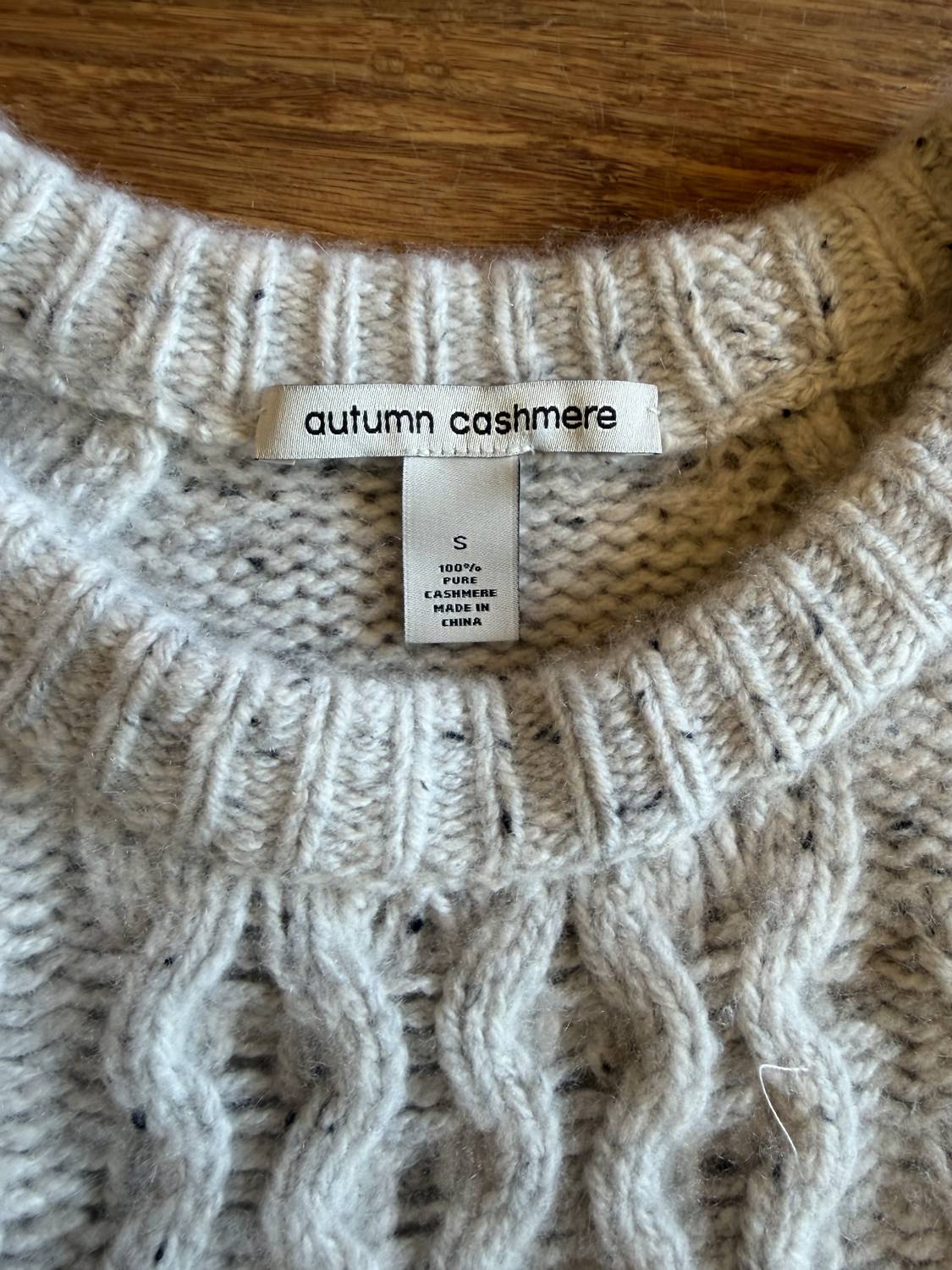 Autumn Cashmere Women's Fisherman Cable Crew Sweater with Pleat Sleeve in husky - women's sweater - detail view
