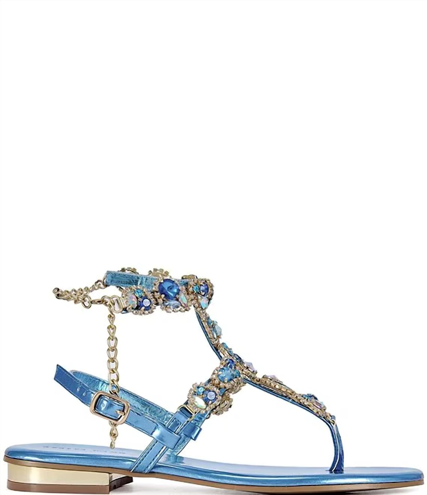 Azalea Wang - Women's Marinella Jewel Embellished Ankle Wrap Thong Sandals