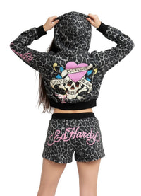 Ed Hardy Love Kills Slowly Pink Skull Zip Front Hoodie in black leopard - women's top - detail view