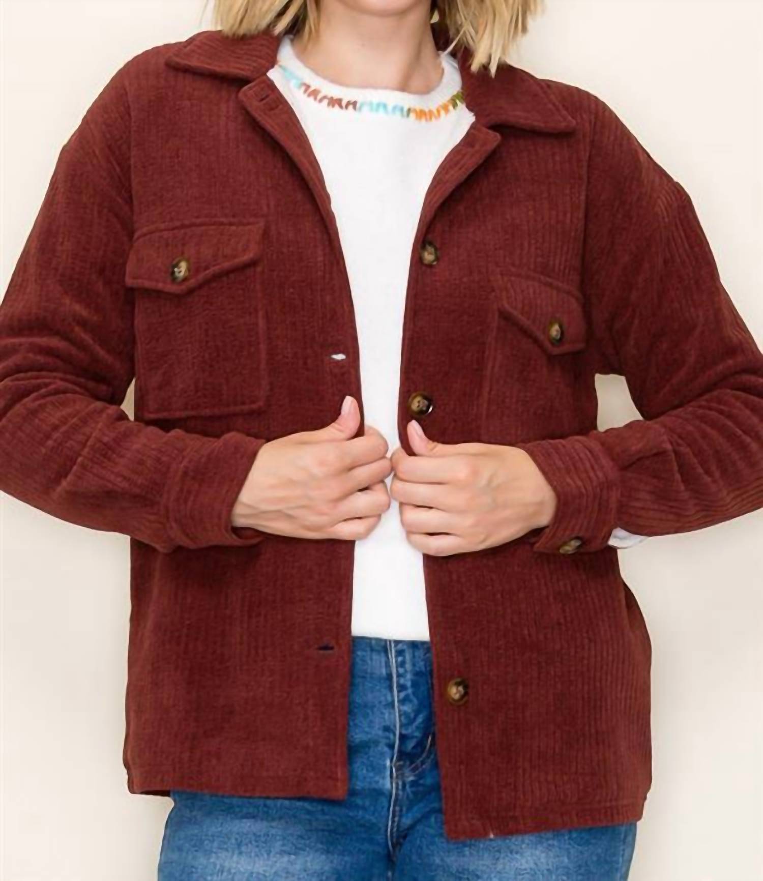 STACCATO Corduroy Fleece Lined Shacket in burgundy - women's jacket