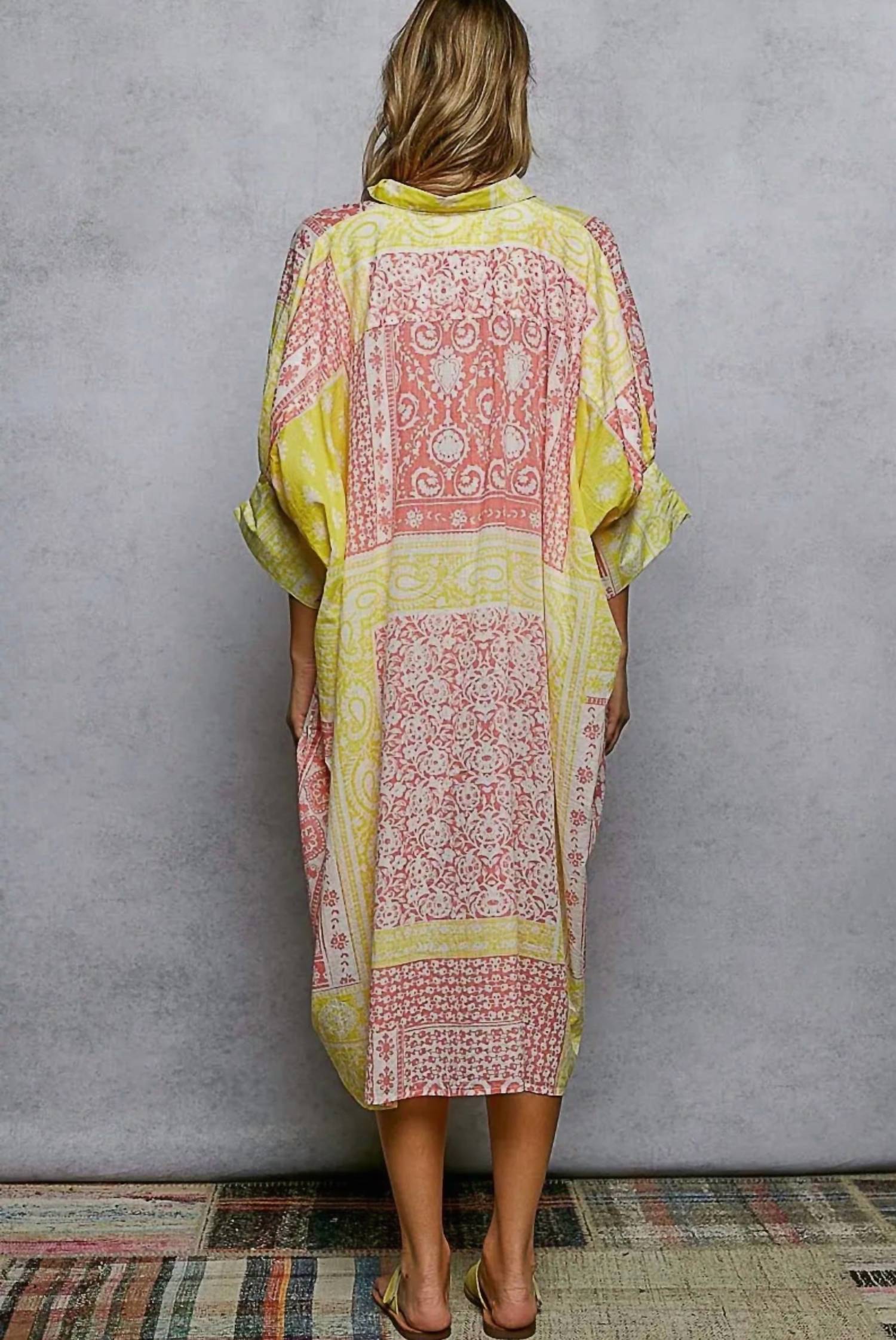 POL Half Sleeve Printed Oversized Shirt Dress in lemon multi - women's dress - view 4