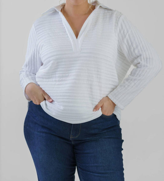 Nic + Zoe - Textured Stripe V-neck Polo Top - Plus Size