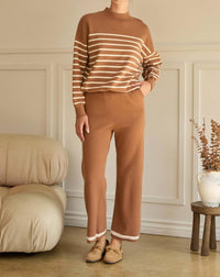 SKIES ARE BLUE Striped Knit Pullover Sweater in camel cream - women's sweater - alternate view