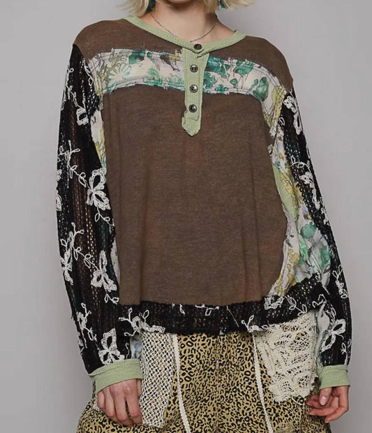 Pol - Round Neck Long Sleeve Floral Knit Top