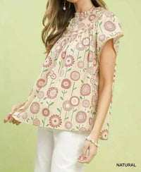 Umgee - Retro Floral Smocked Babydoll Blouse