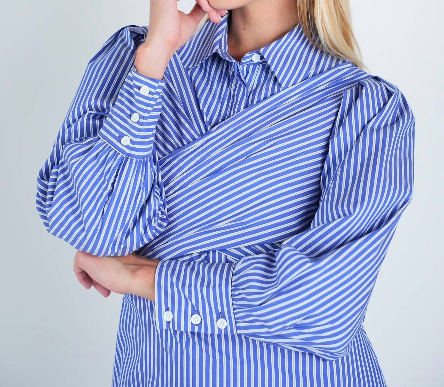 John Abgin - Cotton Striped Criss-Cross Midi Shirt Dress