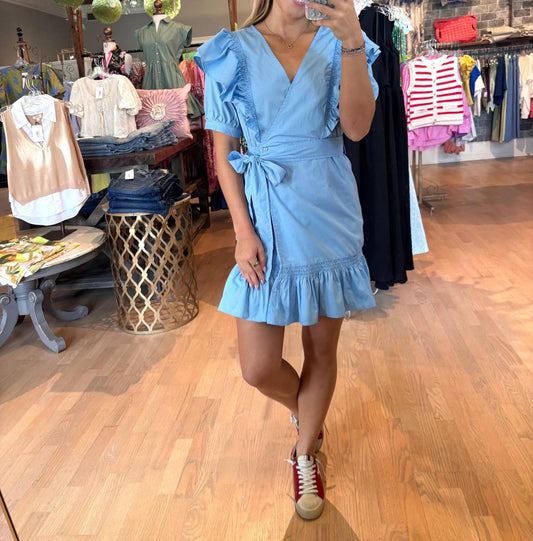 Karlie - Women's Solid Poplin Wrap Ruffle Dress