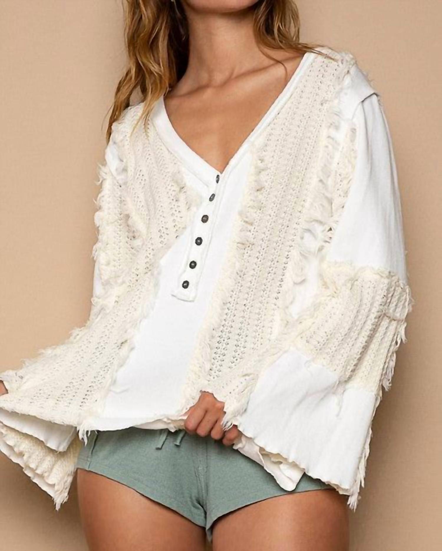 Pol - Flare Sleeve Contrast Panels V-neck Knit Top