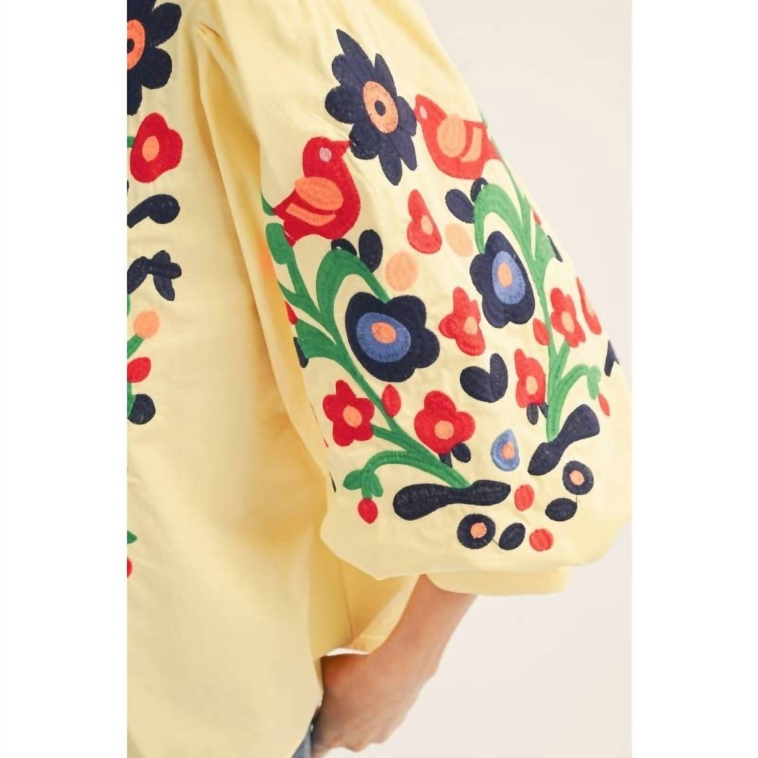 Style USA Embroidered V-neck Woven Top in banana yellow - women's blouse - view 4