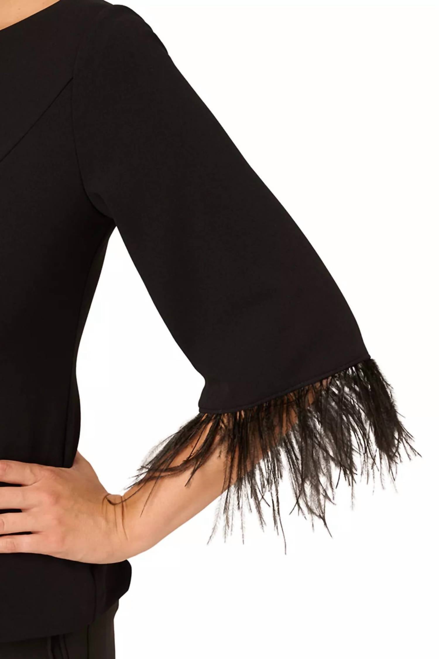 Adrianna Papell - Feather-cuff Three Quarter Sleeve Crepe Top