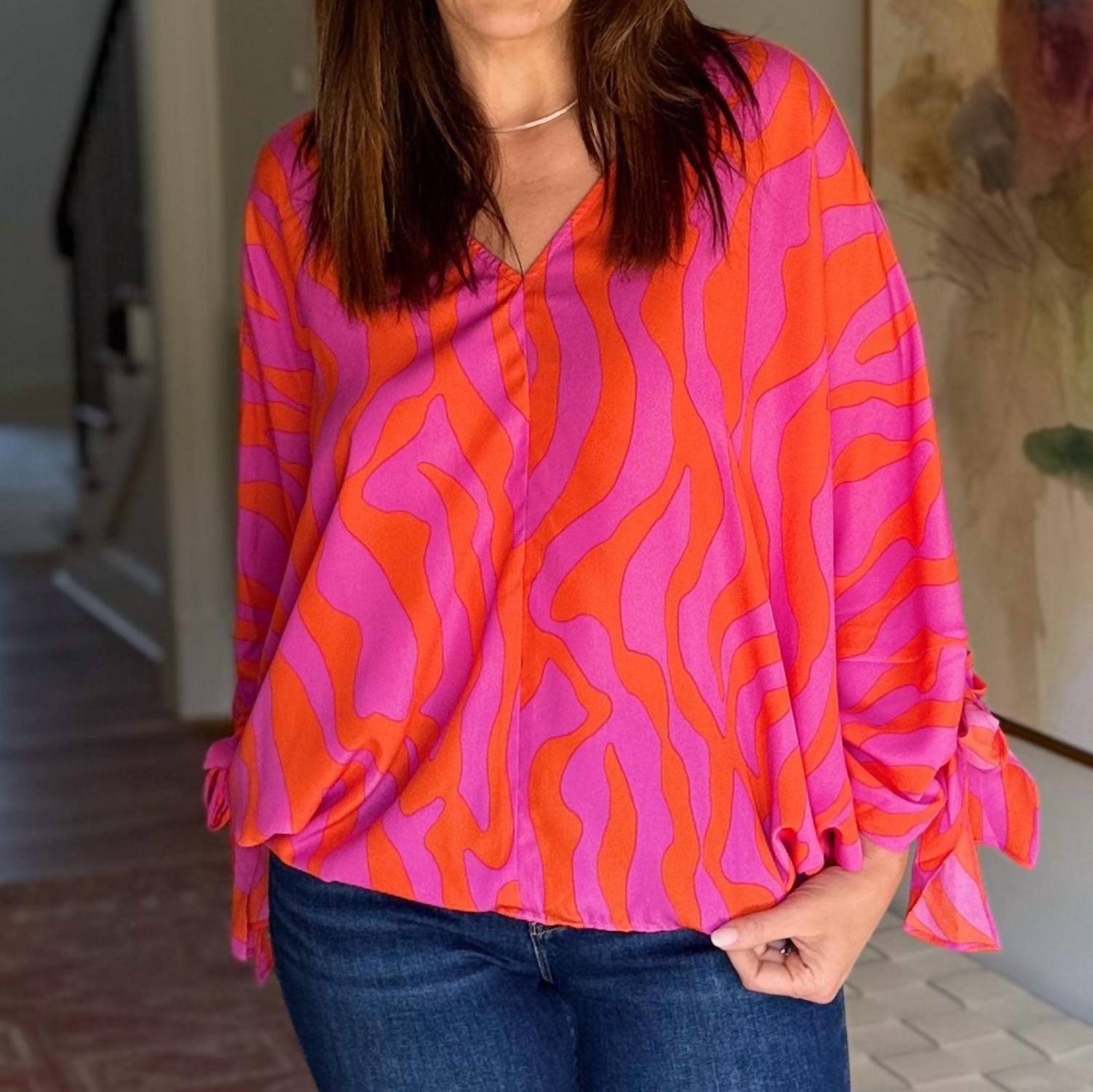 Easel Light Me Up V-neck Blouse in pink multi - women's blouse