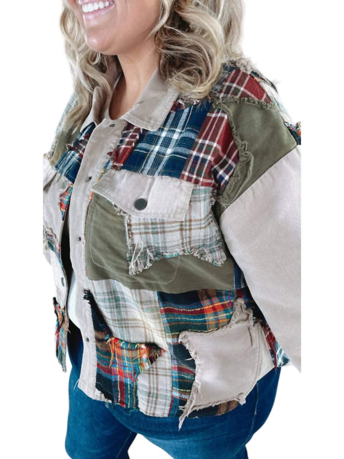 Oli & Hali - Care Free Plaid Patch Button Down Jacket