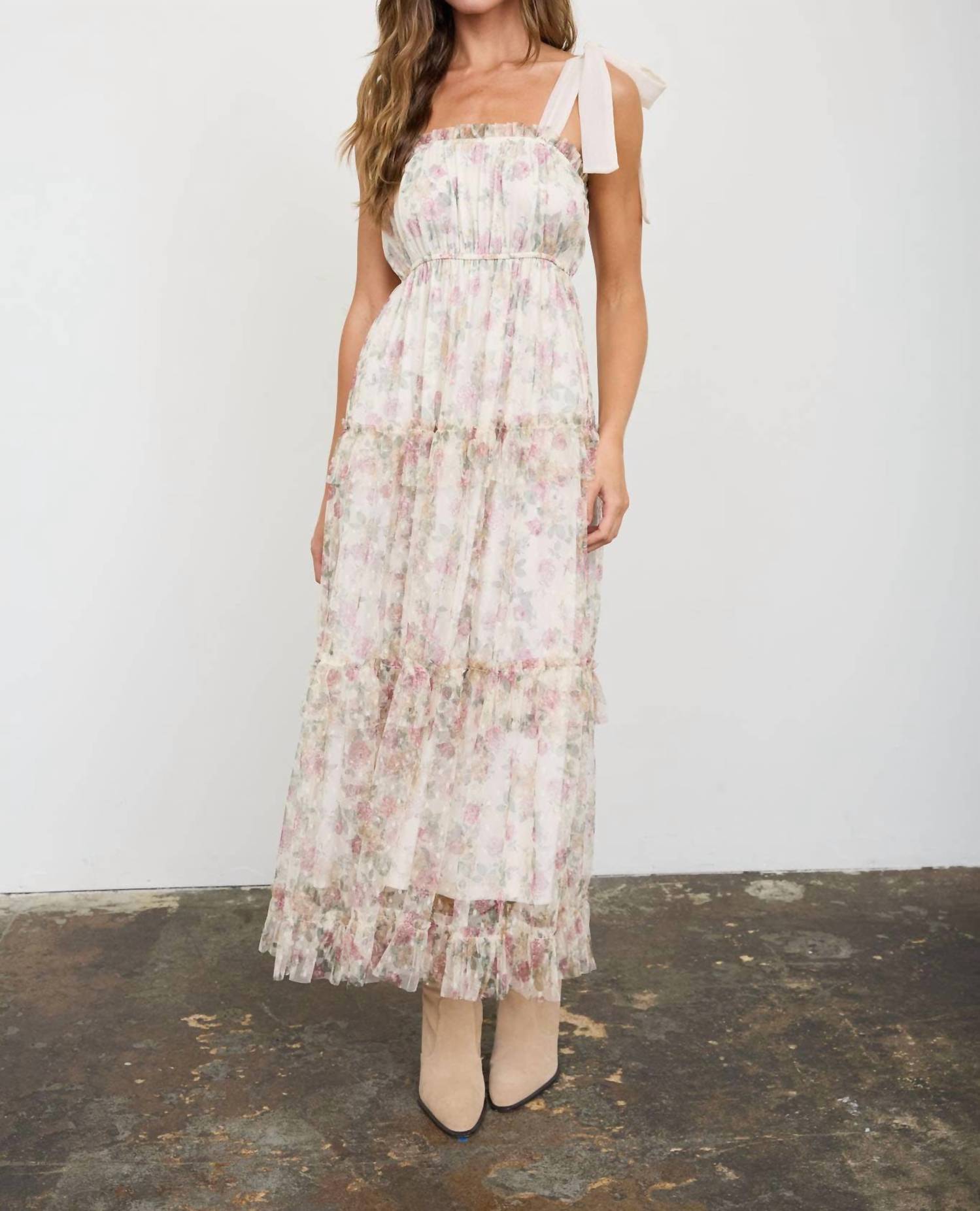 Blu Pepper - Floral Chiffon Tie Strap Ruffled Tiered Midi Dress