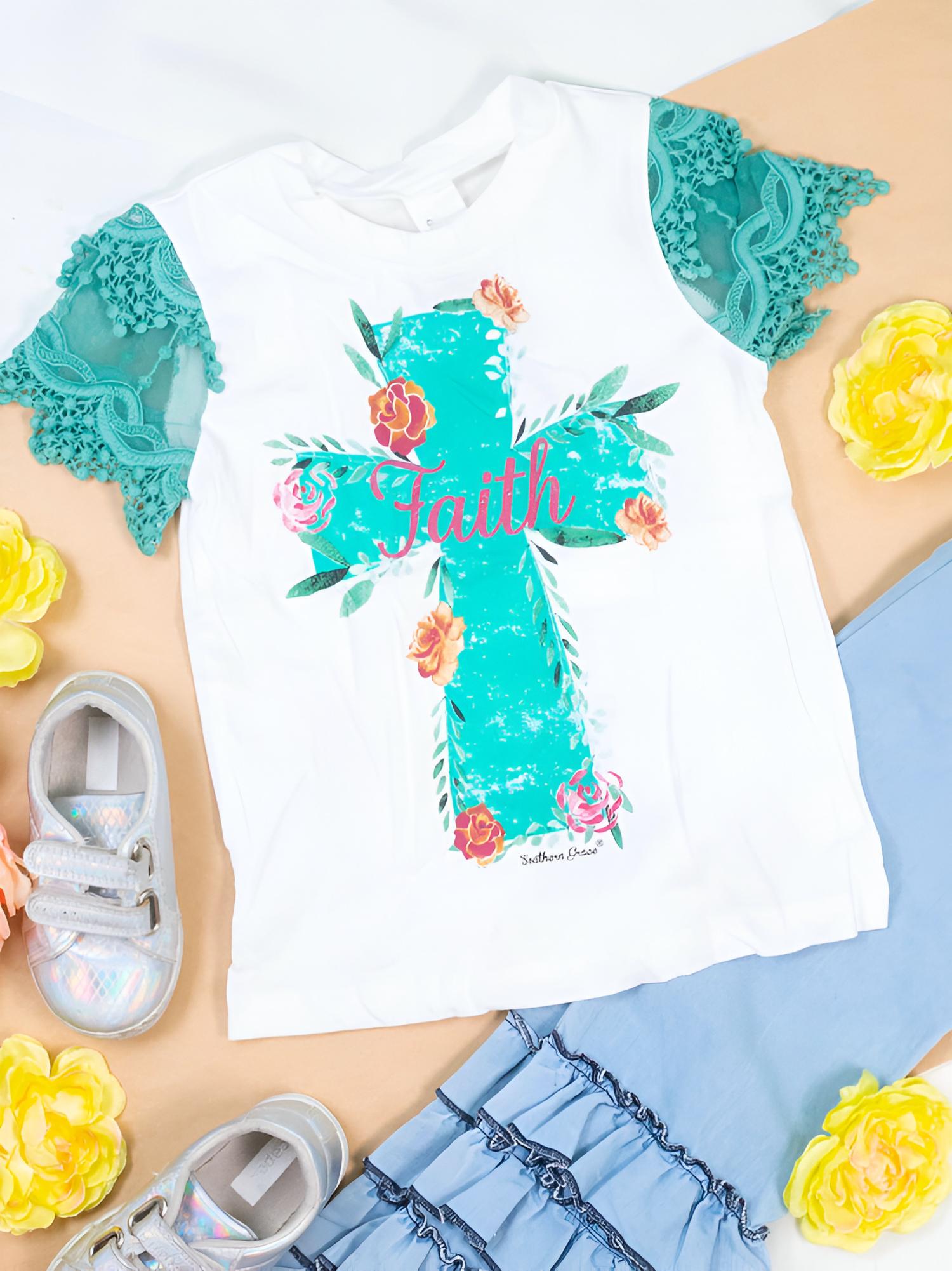 Southern Grace - Kid's Faith Cross With Lace Sleeves Top