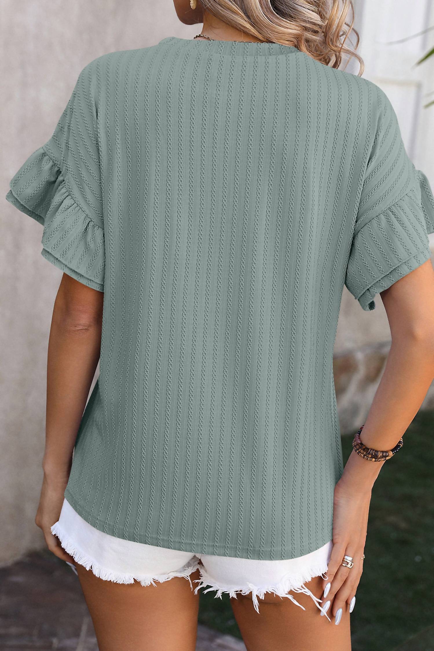 Shewin - Textured Ruffle Sleeve Top