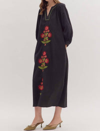 Entro - Midnight Blossom Embroidered Floral Maxi Dress