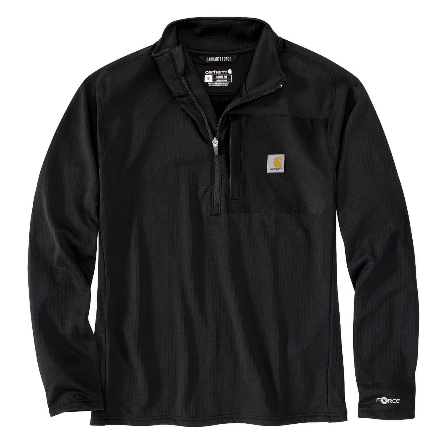 carhartt Men's Force Relaxed Fit Mock Neck Half Zip Shirt in grey - men's long sleeve top - detail view