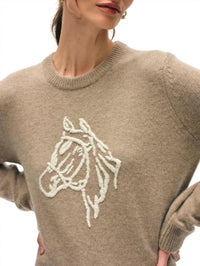 White + Warren Cashmere Blend Horse Embroidered Crewneck Sweater in misty brown ivory - women's sweater - detail view
