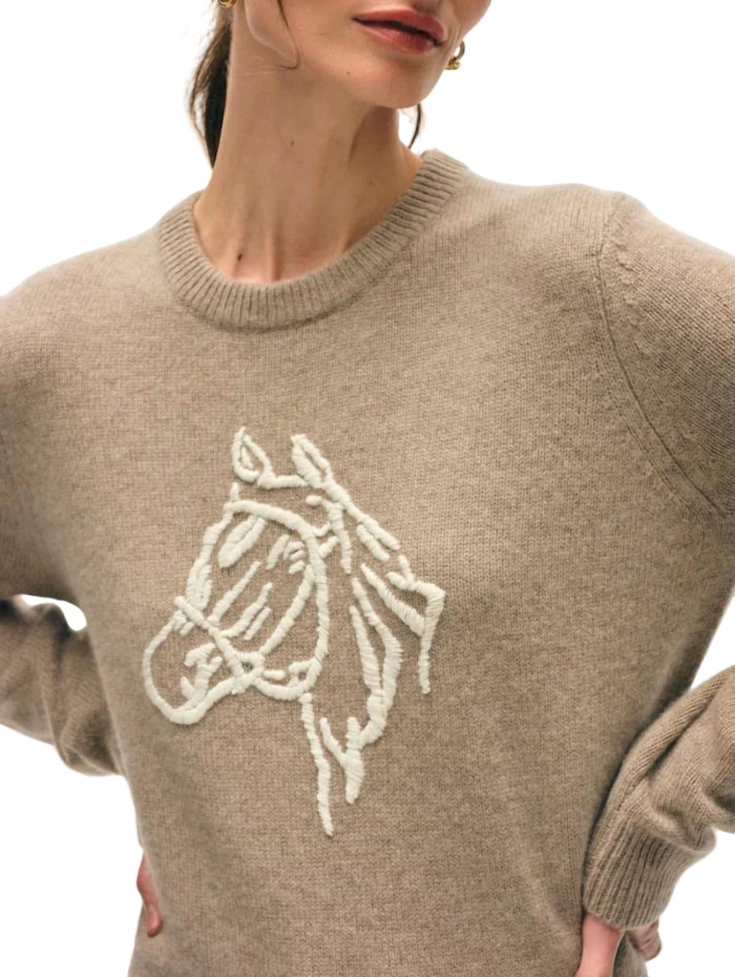 White + Warren Cashmere Blend Horse Embroidered Crewneck Sweater in misty brown ivory - women's sweater - detail view